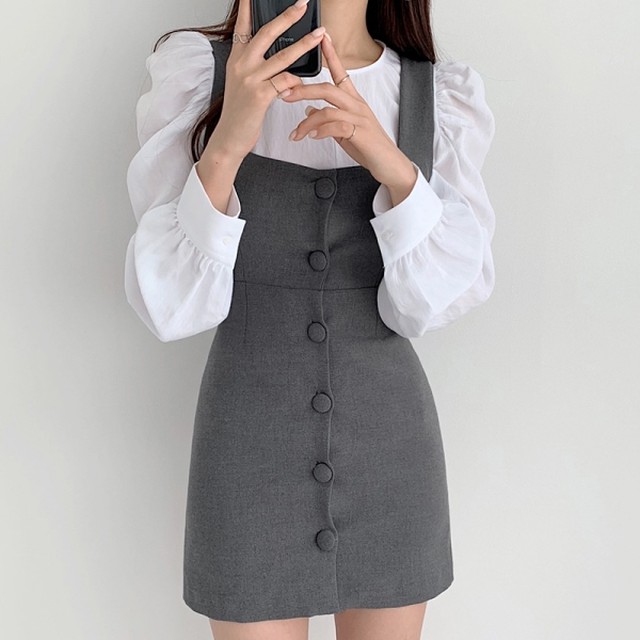ジャンパースカート セット ミニワンピース ブラウス 韓国 ファッション レディース セットアップ ワンピース かわいい バルーン袖 ブラウス プルオーバー 春 トップス 前ボタン ワンピ ２点セット ガーリー レトロ 黒 グレー Vestito