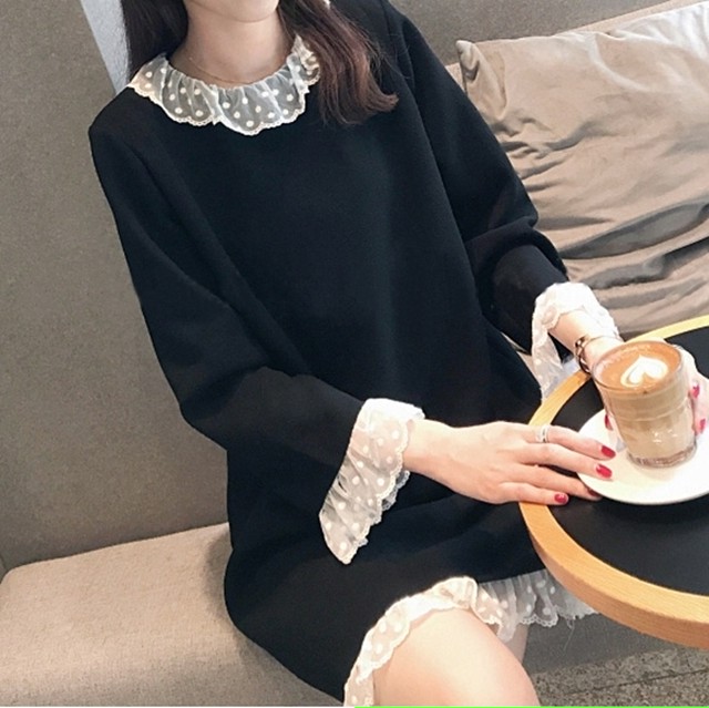 ワンピース ショート丈 ひざ丈 レース フリル ラウンドネック 長袖 ゆったり モノトーン 体型カバー 大きいサイズ 無地 大人可愛い 女子会 カジュアル ガーリー きれいめ 秋 春 冬 Like Fashion
