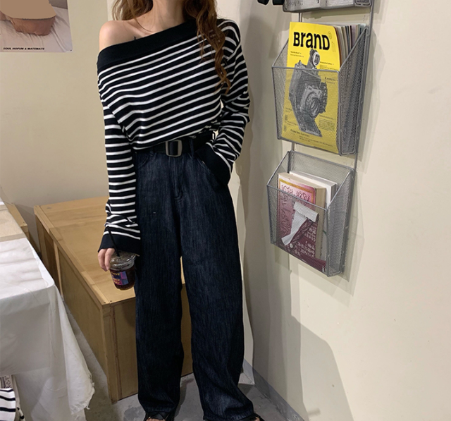 肌魅せでセクシー オフショルダー ボーダー トップス トップス レディース オフショルダー ボーダー ロンt 長袖 カットソー セクシー カジュアル プルオーバー ボートネック 大人可愛い モノトーン 韓国ファッション 春 秋 10代 代 30代 送料無料 韓国レディース