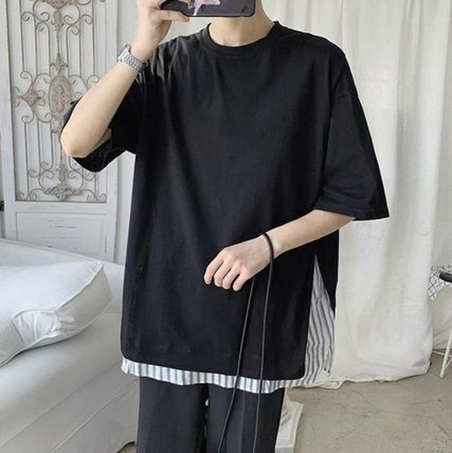 メンズ Tシャツ 韓国系 肩落ち 半袖 ストライプ 切替 送料無料 Jb 1 メンズ Tシャツ 韓国系 肩落ち 半袖 ストライプ 切替 送料無料 Jb 1