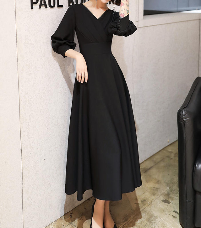 送料無料 喪服 ワンピース 長袖 きれいめ ハイウエスト Aライン Vネック ブラック フォーマル エレガント シック 代 30代 40代 ブラック By 457 Imagibune