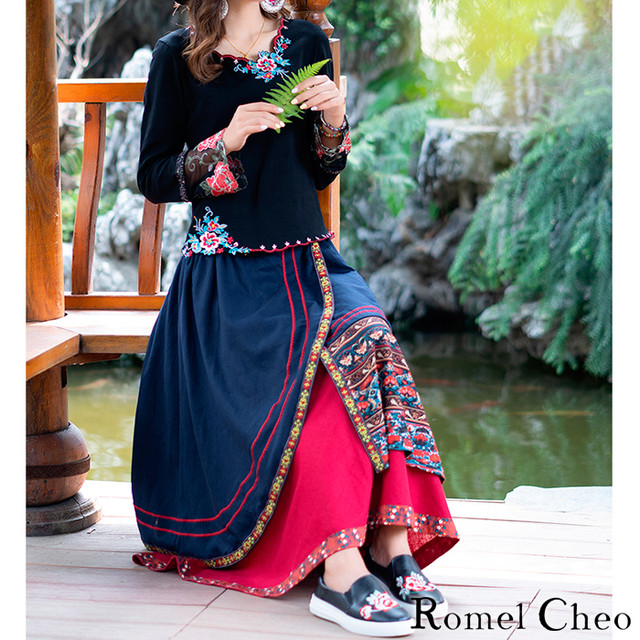 Romelcheo エスニック プリント アシンメトリー スカート レイヤード風 民族風 刺繍 ロング丈 レディース アジアン ファッション 綿麻 中華風 チャイナ風 漢服 花柄 チロリ風 レトロ 大人可愛い ウエストゴム ロメルチェオ Romelcheo