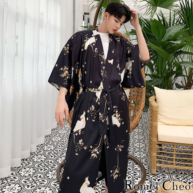 Romelcheo 羽織 和服 モダン 着物 和風 和柄 花鳥 花柄 鳥柄 フレアスリーブ 7分袖 ロング カーディガン 袴 モード ストリート コーディガン メンズ コート 上着 和装 ロメルチェオ Romelcheo