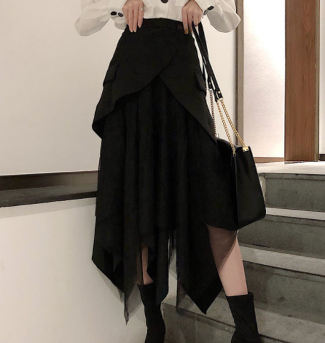 Top Mode 巻きスカート風 レイヤード シフォン スカート Cool レディース 蜘蛛レース チュール ロングスカート モード系 ゴシック エモ系 韓国 ミモレ丈 ドレープ アシメ アシンメトリー 個性的 ブラック 黒 モダン 春夏 着痩せ効果 大人カジュアル かっこいい Les8
