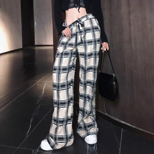 tartan check loose pants