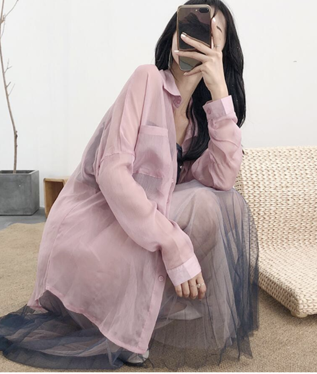 全2色 ロングスリーブシアーシャツ ホワイト ピンク モノトーン専門 韓国レディースファッション通販 Sayme