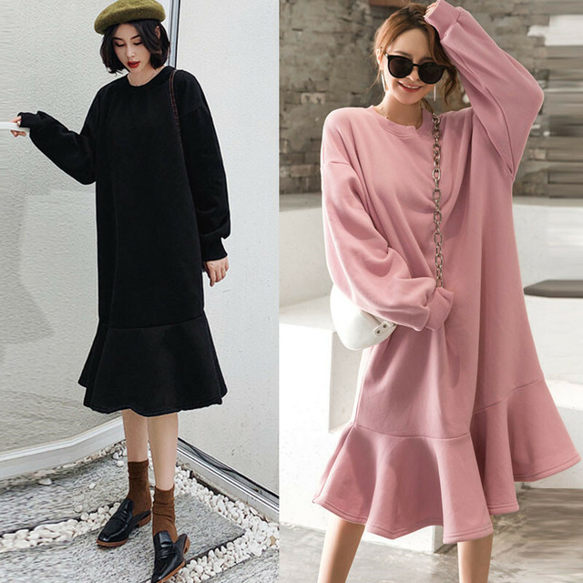 スウェット ワンピース マーメイド ロング 長袖 ひざ下 ミディアム丈 秋冬 ゆったり 体型カバー マタニティ ブラック ピンク Lxl2xl3xl デート 休日コーデ お出かけ 部屋着 無地 22 Sayurio レディースアパレル ファッション プチプラ アラサー アラフォー