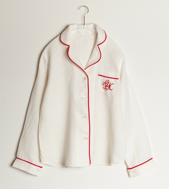 リネン100 オフホワイトのレディースパジャマ 上 下 パイピング赤 Hideko Yogo Home