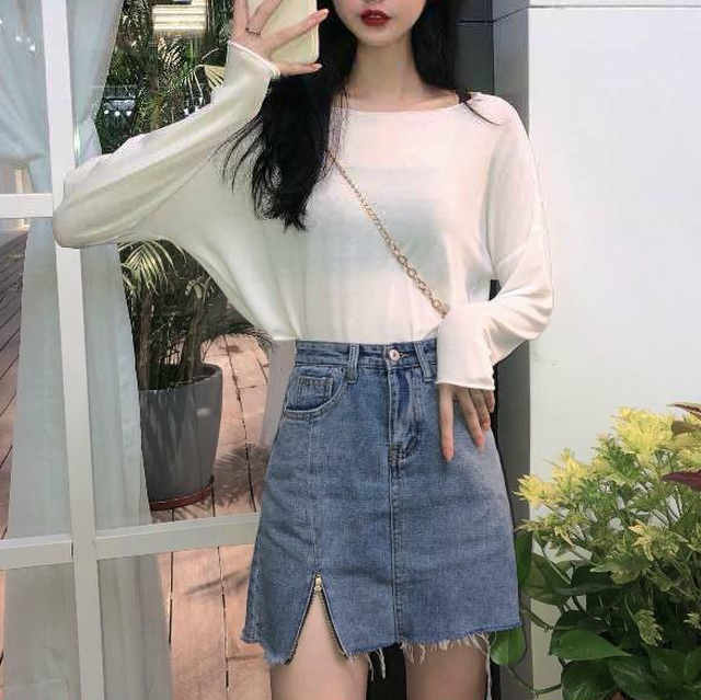 Set 人気急上昇中 セットアップシンプルｔシャツ スリットデニムスカート Nanastyle