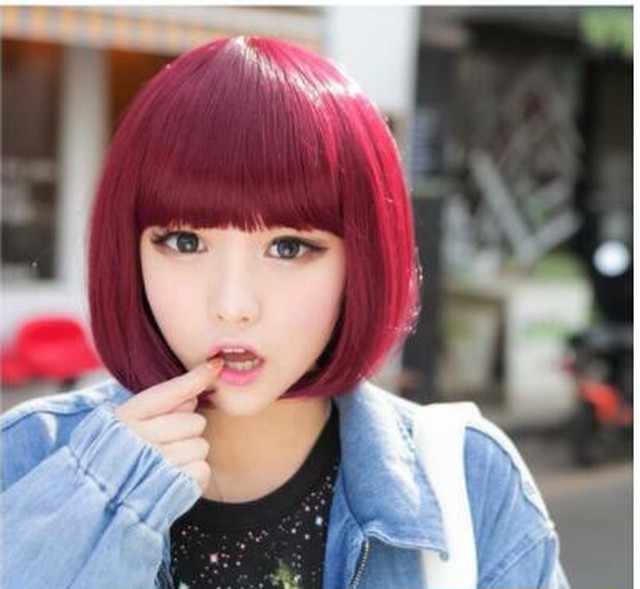 ショート ボブ フル ウィッグ カール パープル 前髪 ぱっつん シースルーバング かつら コスプレ ワインレッド Torehapi