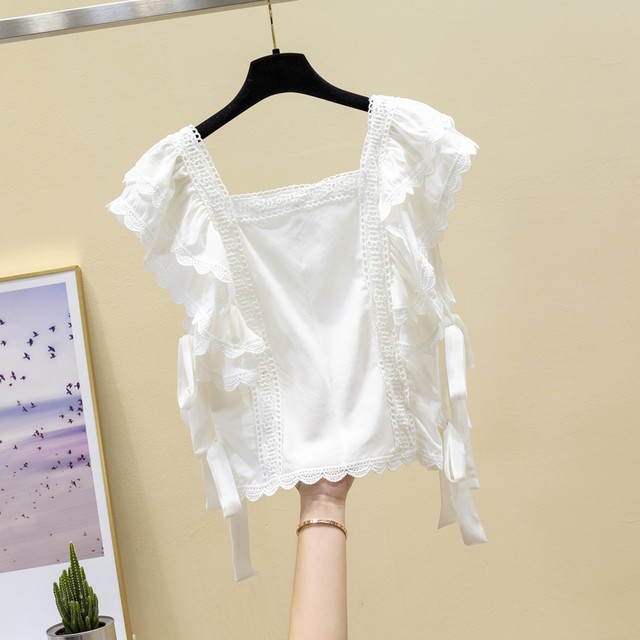 ノースリーブ フリルレース 白ブラウス 肩レース トップス レディース レース ブラウス フリルブラウス ラッフルスリーブ フリル袖 上品 ショート丈 リボン Officewalaa オフィスワラア レディースファッション スタイル