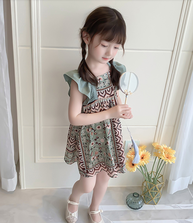 大人顔負け ボヘミアンワンピース ワンピース 子供服 女の子 ノースリーブ スリーブレス ワンピ 肩フリル ボヘミアン アジアンテイスト 幾何学模様 おしゃれ フレア 幼稚園 小学生 キッズ ジュニア 100 160cm 春 夏 送料無料 韓国レディース キッズファッション