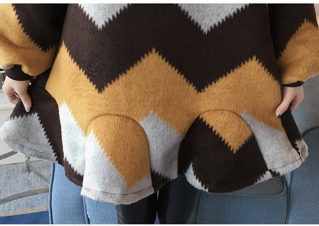 レトロ柄ニットワンピース 大きいサイズ ひざ丈 秋冬 幾何学模様 オーバーサイズ 時短コーデ 着こなし リブ袖 Lalas