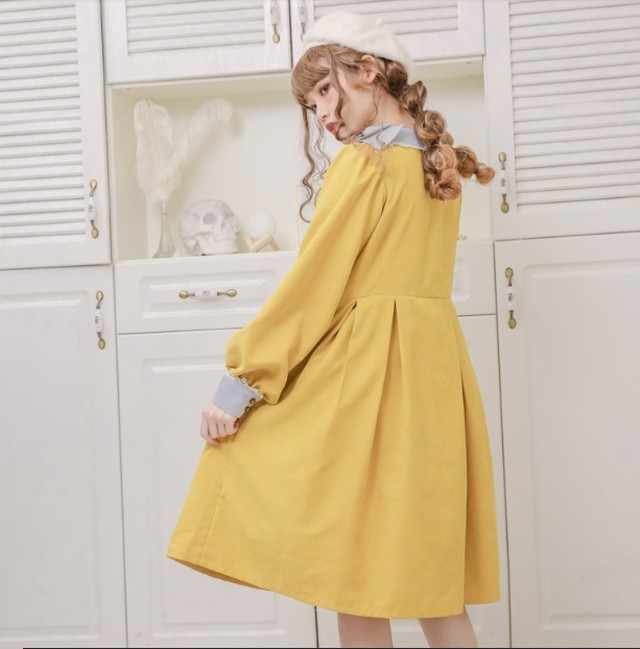 ロリータ Dollydelly パステルカラー ワンピース リボン ピンク イエロー ボタン ミディアム カジュアル 上品 ワンサイズ 長袖 パフスリーブ 春物 人気 トレンド バイカラー かわいい おでかけ ゴスロリ ロリータファッション Loli2595 Luxury