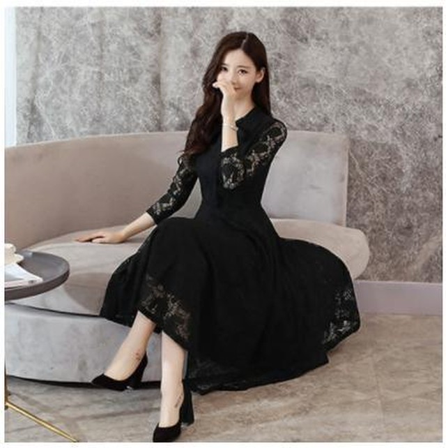 黒 Mサイズ ワンピース 上品 エレガンス 総レース 刺繍 Regalo Fun