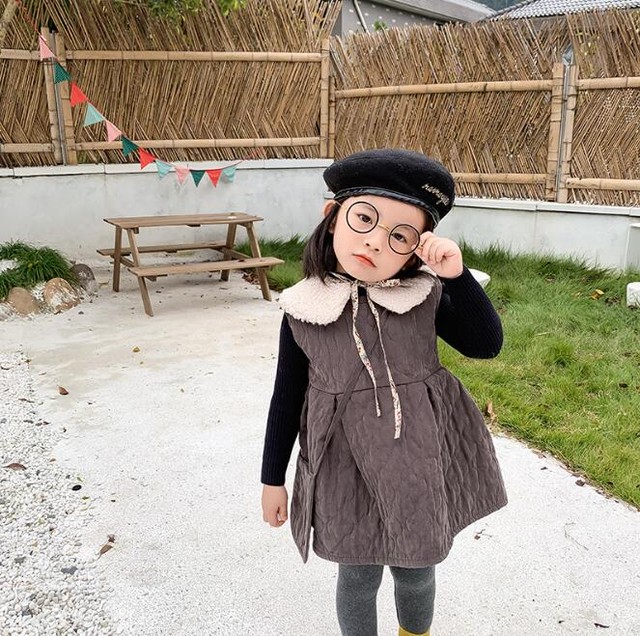 女の子 ベスト ワンピース 綿入れ カバン付き 2点セット 秋 冬 人気 2色 Dyh海外子供用品