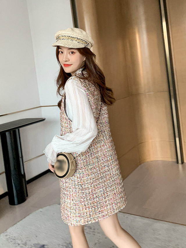 ツイードワンピース ワンピ ツイード ピンク レイヤード 重ね着 上品 フェミニン 韓国 オルチャン 韓国レディースファッション通販 ポワン