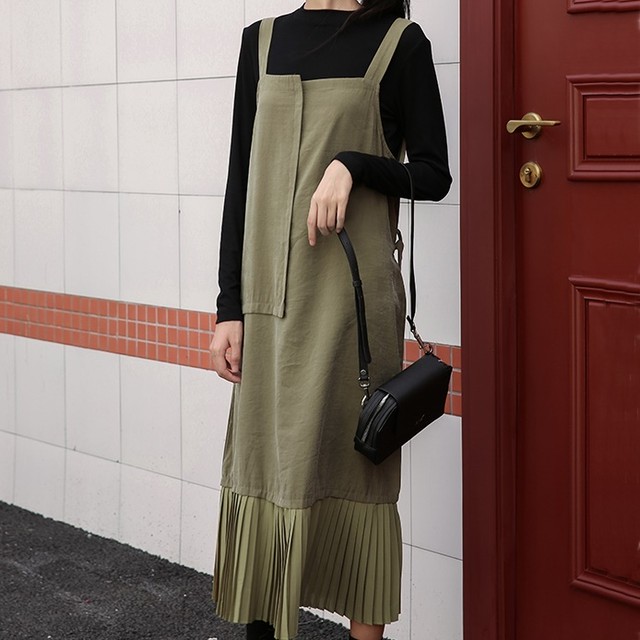 異素材プリーツスカート ワンピース サロペットワンピース カーキ アースカラー ミリタリー 大人可愛い おしゃれ Choco Chaco