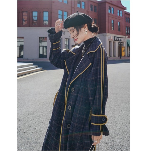 コート チェック柄 ロング丈 イエロー ライン レトロ グレンチェック ロング丈 ミドル丈 トレンチコート シングルブレストポリエステル ジャケット専門 ノンノン スクリー Nonnon Skry For Ladies Jackets Only