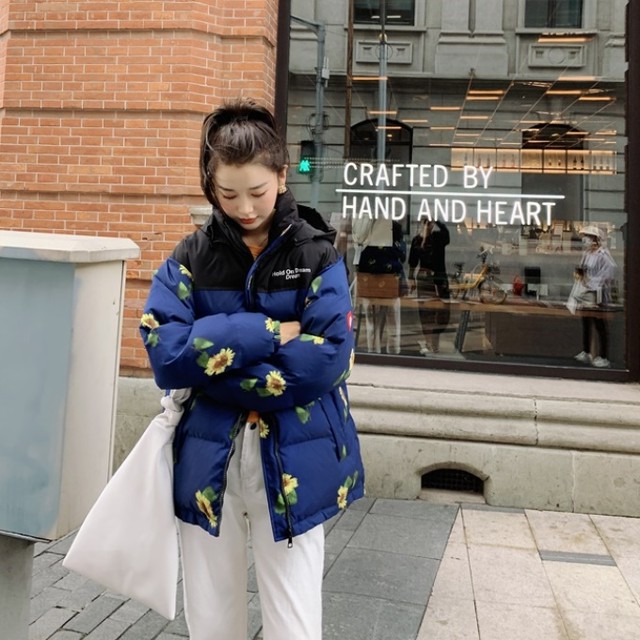 花柄 中棉 ダウンジャケット レディース オーバーサイズ ダウン 韓国 ファッション レディース プリント 総柄 冬 アウター 冬服 レディース ゆったり バイカラー かわいい カジュアル ストリート オルチャン ファッション Vestito