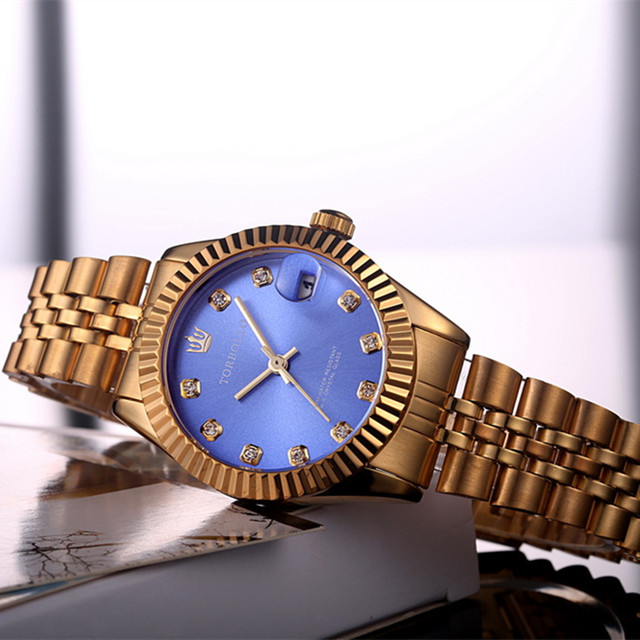 高級時計レディースブランドtorbolloレディースクリスタルゴールドステンレススチールクォーツウォッチレディースファッションウォッチホットセールmontres Blue Gold Braverybase