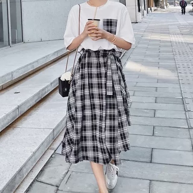 No 797 Tシャツ チェック柄 スカート ドッキング ワンピース フェミニン 上品 韓国のプチプラレディース 子供服ショップ Sourire