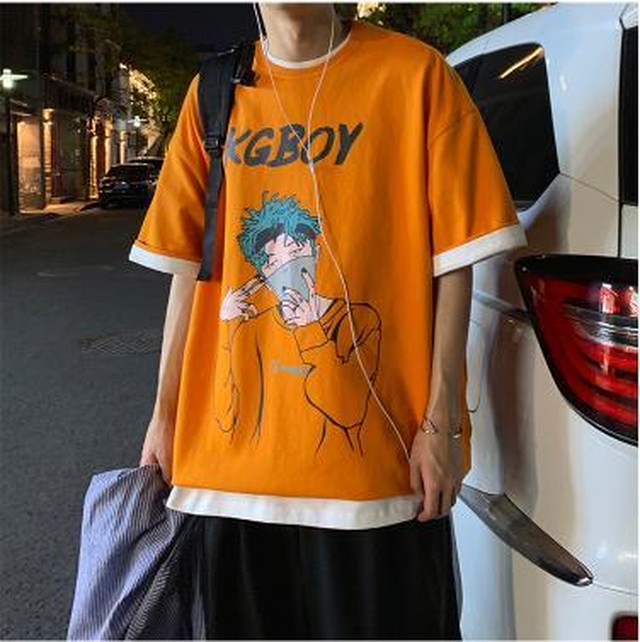 Yuzki 韓国ファッション オーバーサイズロゴ Tシャツ ストリート トップス 半袖 夏 メンズファッション プチプラ Yuzki