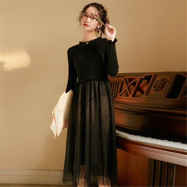 ニットワンピース 切り替え ニット チュール ワンピース ミモレ丈 秋 冬 10代 代 30代 アイボリー ブラック 大きいサイズ フェミニン デート Y0367 Sunny Place