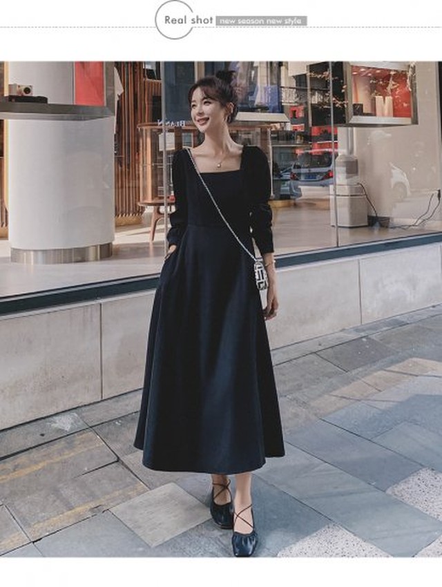 ロングワンピース 秋冬 ワンピース ブラック 大きいサイズのレディースワンピース パフスリーブ 長袖 クラシック ドレス お呼ばれワンピース 大人可愛い K0845 Shopmall To You