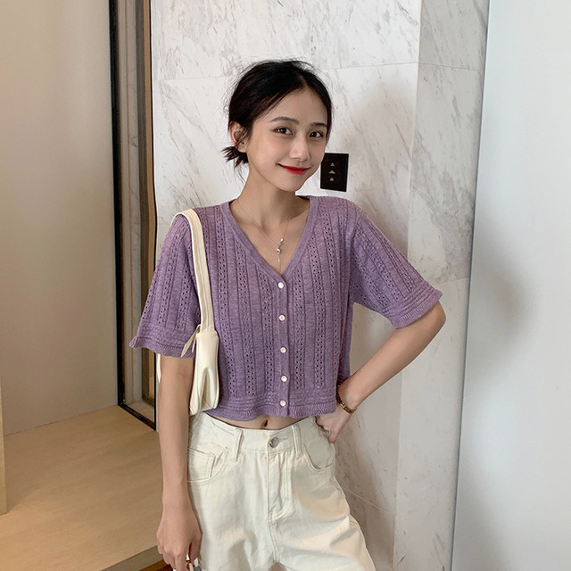 サマーニット レディース 半袖 綿ニットｔシャツ ブラウス ニットソー 韓国 Vネック ５分袖 冷え対策 カーディガン Cospa Fashion