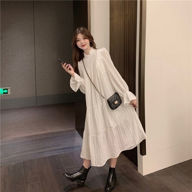 ワンピース ロングワンピース ワンピ レディース ハイネックカラー ティアードワンピース ロング丈 白ワンピース 大きいサイズ 秋冬 新作 秋服 冬服 Sale ゆったり ワンピース ロングワンピース Leaflower 001 リーフラワー レディースファッション専門店