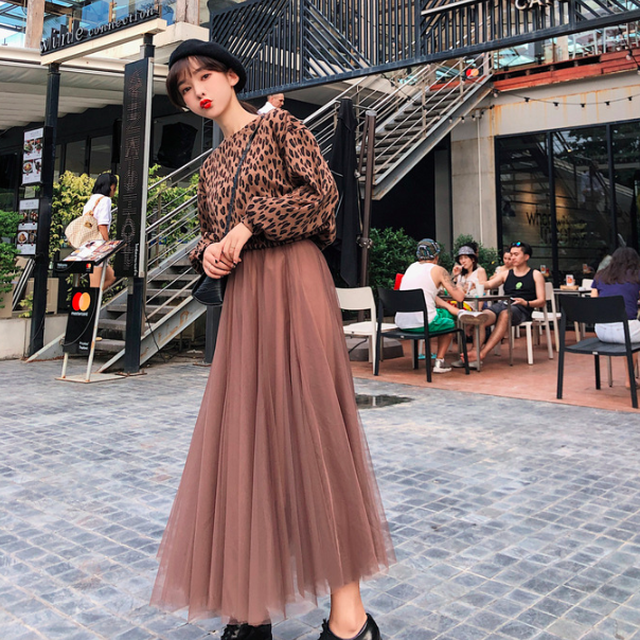 ブラウン チュールロングスカート プリーツスカート 韓国ファッション