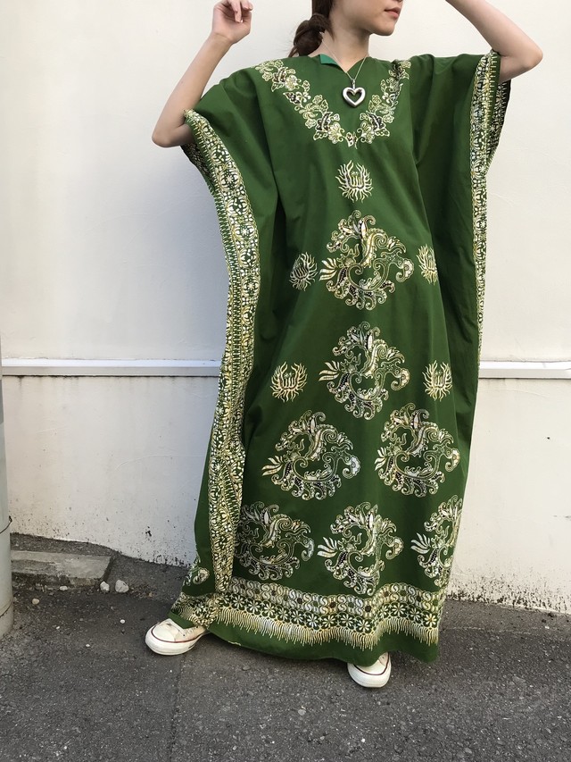 Vintage Green Cotton Maxi Dress ヴィンテージ グリーン コットン マキシ ワンピース Riyad Vintage Shop