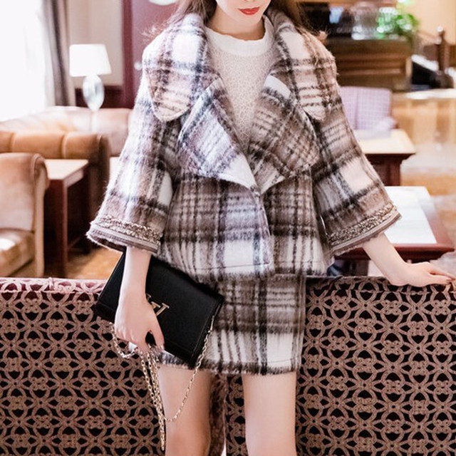 送料無料 レディース セットアップ チェック ウール ジャケット ショート丈 ミニスカート コーヒー 可愛い きれいめ Cutycloset