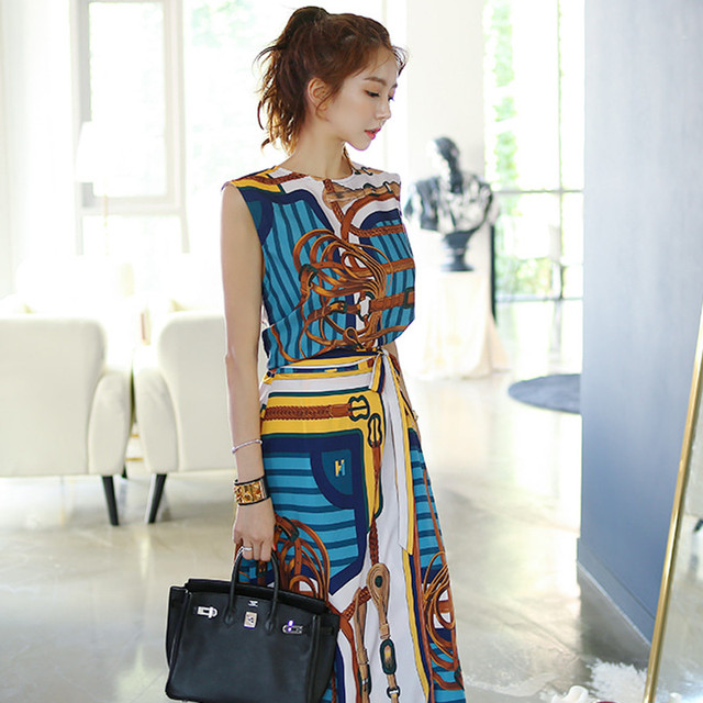 プリント柄 ノースリーブ ロング丈スカート 上下2点セット セットアップ パーティー セレブ お呼ばれ 演奏会 上品 大人コーデ リゾート C168 Ayaland Shop 海外ファッションセレクトショップ