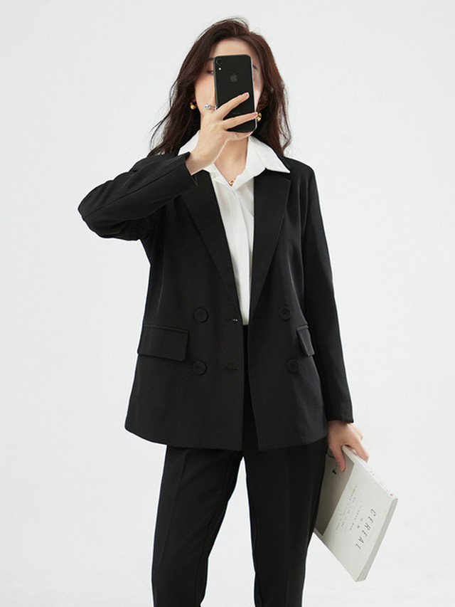 セットアップ レディース パンツ スーツ ジャケット ツーピース クロップドパンツ 無地 シンプル おしゃれ モード系 ハンサム 入学式 卒業式 通勤 オフィス デート 春 秋 黒 Evergreen