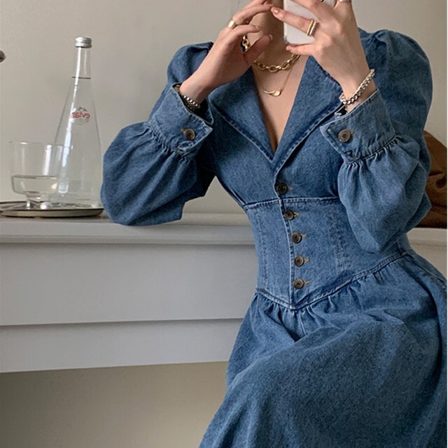 S M L レディース デニムワンピース Aライン Vネック マキシ丈 パフスリーブ 大人カジュアル Favoriteselect