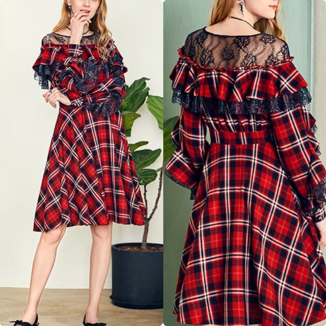 チェック フリル レース オフショルダー ワンピース 赤 ロンドン スカート 黒 カジュアル エレガント 長袖 秋冬 Loveysmileshop