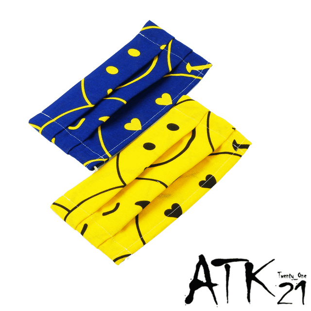 2枚セット プリーツタイプのハンドメイドマスク スマイルモチーフ にこちゃんマーク 手ぬぐい タオル 手作りマスク メンズ レディース 大人用マスク 花粉症 保湿 防寒 Msk0322 Atk21