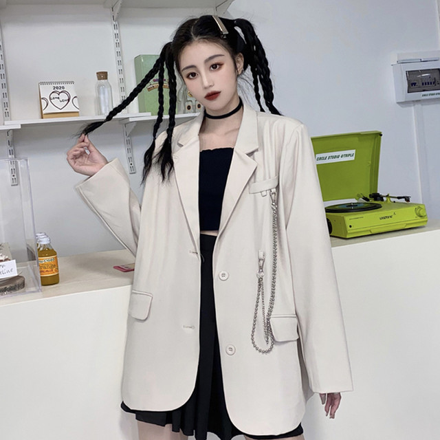 レディース アウター 春秋 アウター レディース スーツ ジャケット ビッグシルエット オーバーサイズ チェーン付き シンプル カジュアル おしゃれ メンズライク お出かけ デート 通勤 通学 キャンパス 旅行 普段着 ブラック アプリコット Hf Haru Foo