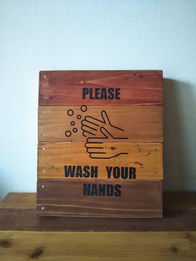 クラシック木製看板 Please Wash Your Hands 手洗い推奨看板 自然塗装 ハンドペイント Blue Green Wood