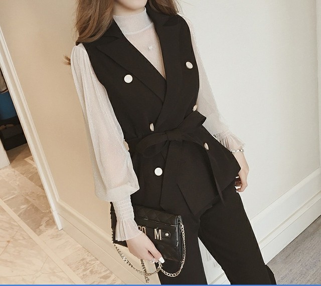 大きいサイズ レディース ブラウス ベスト パンツ ３点セット トップス ジャケット 長袖 セッタップ 春夏 ブラック ブルー S 大きいサイズ 送料無料 レディース通販店 ｋｅｃｃｈi 静岡 Base売り場