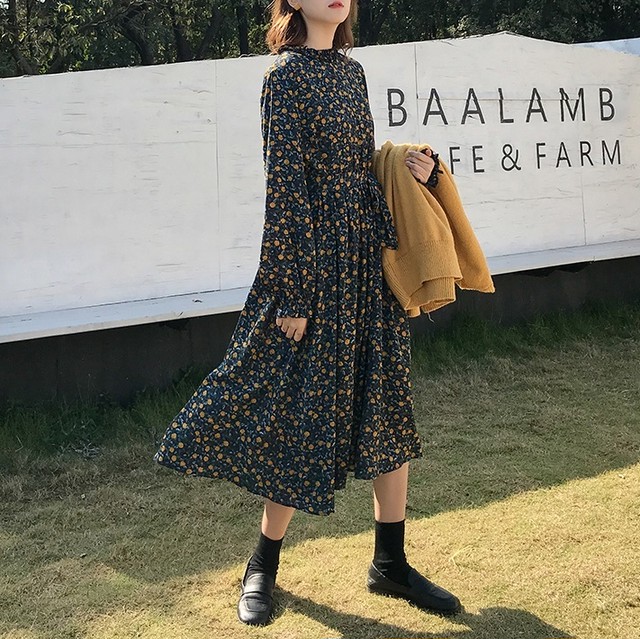 K 春新作 春 ワンピース 花柄 ワンピース 小花柄ワンピース ハイネック ワンピース ロングワンピース フレアワンピース マキシ丈 フリル 大人可愛い ガーリー カジュアル デート服 女子会 ゆったり 体型カバー In The Moon