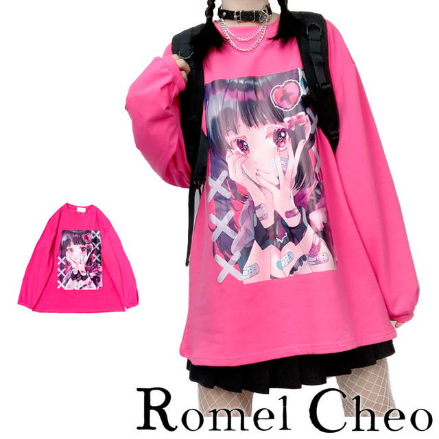 お支払い確認後日以内発送 Romelcheo イラスト ローズ ピンク 長袖 Tシャツ ロンt ロング プリント ゆめかわいい 病みかわいい レディース ストリート系 原宿系 青文字系 ガーリー ロリータ 大人可愛い カジュアル ファッション ロメルチェオ Romelcheo