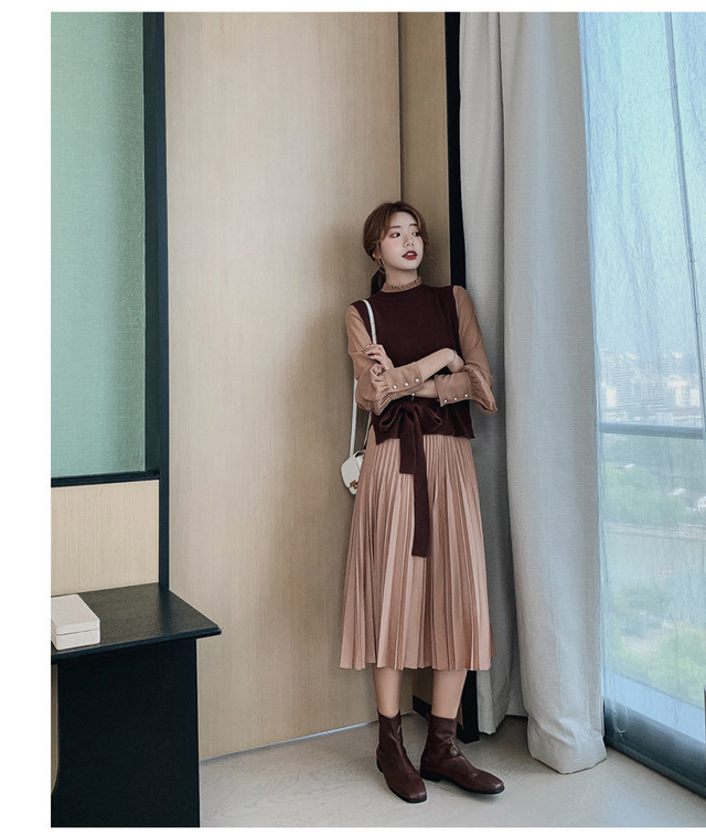 ドレス春と秋のスタイルスーツスカートツーピーススーツレディース長袖ウエスト痩身気質ロングプリーツスカート スプリング 春物 オータム 秋物 レディース 送料無料 レディース 韓国ファッション 直輸入通販 セクシーワンピース クールカジュアル 全品送料無料