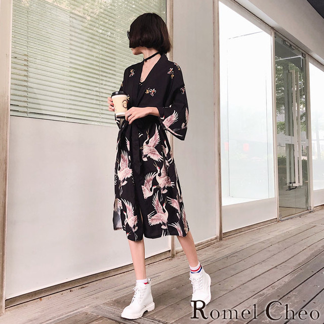 Romelcheo 鮮やか鶴柄カーディガン 羽織り ロングカーディガン ゆったり 七分袖 和柄 和風 シャツ ジャケット 総柄 コーディガン 夏 涼しい 日焼け対策 冷房対策 モード系 和装 浴衣 法被 半纏 レディース 原宿系 ストリート ロメルチェオ Romelcheo