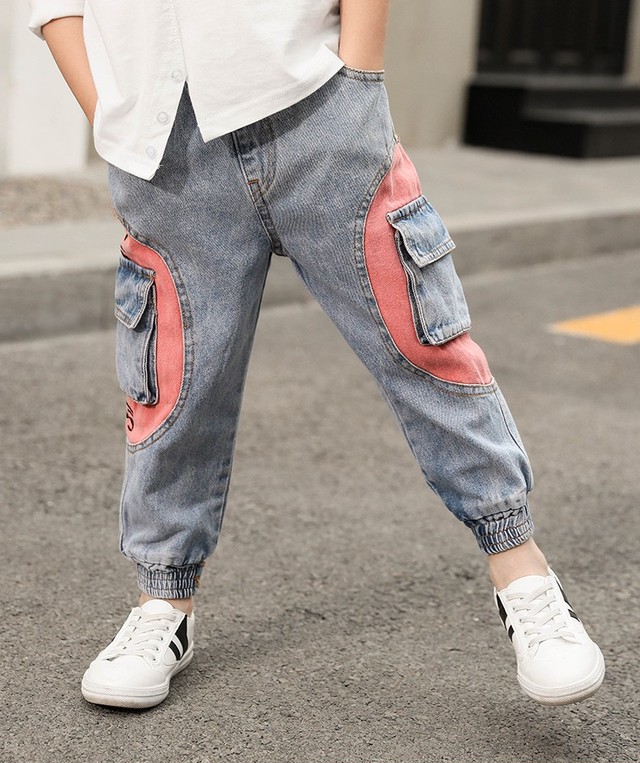 デニム パンツ ボトムス シンプル 韓国 おしゃれ デザイン 男女兼用 子供服 男の子 楽ちん 個性的 裾絞り 130 140 150 160 A087 Jump Kids