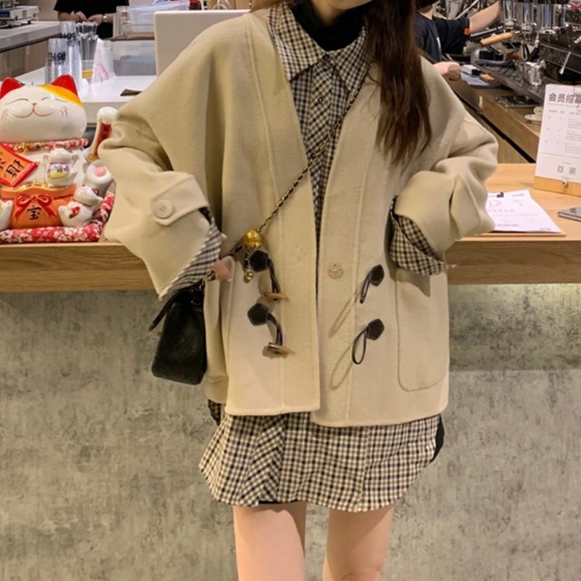 レディース 秋 冬 セットアップ アウター ジャケット 羽織り ホーンバックル ポケット ゆったり トレンチ コート シャツ ブラウス チェック柄 襟付き シンプル レトロ カジュアル 大人可愛い おしゃれ お出かけ デート 女子会 通勤 オフィス 通学 学生 キャンパス 旅行