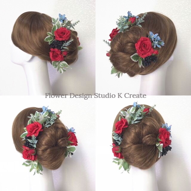 赤い薔薇とブルースターのヘッドドレス 17本セット アーティフィシャルフラワー 赤 バラ 結婚式 発表会 髪飾り Flower Design Studio K Create