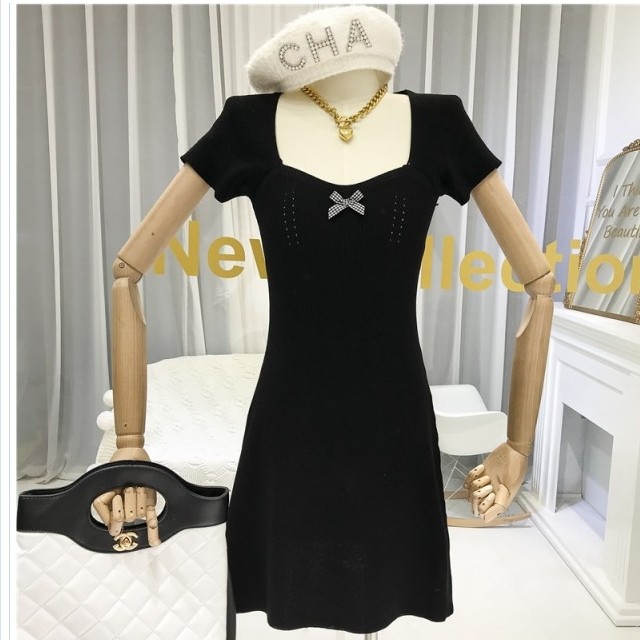 バックリボン ワンピース トゥービーシック ワンピース ニット ロング 半袖 リボン 40 黒 ブラック レディース Basecamp49